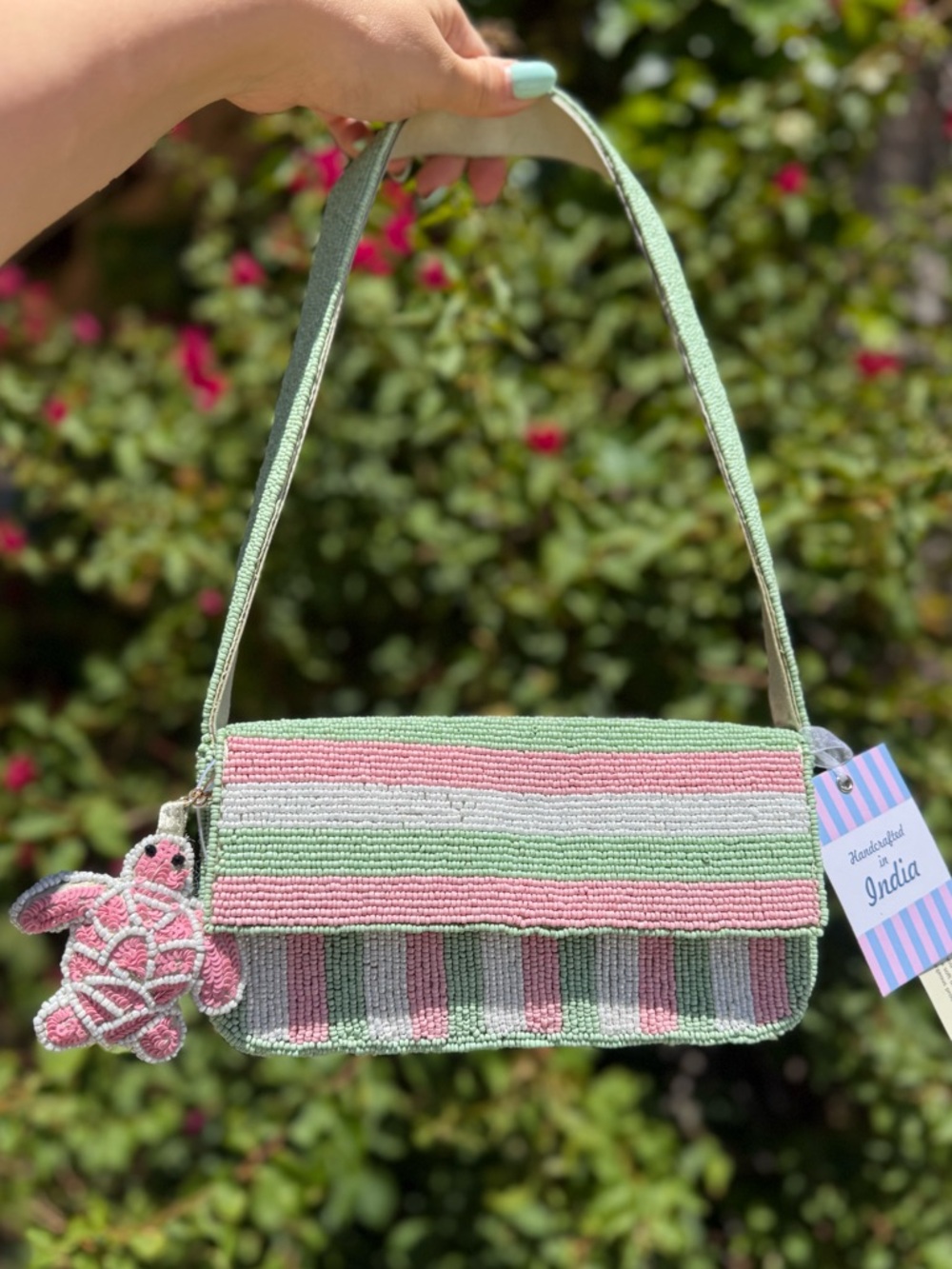 NWT Made in India Green Pink White Striped Beaded Bag with Turtle Bag Charm New